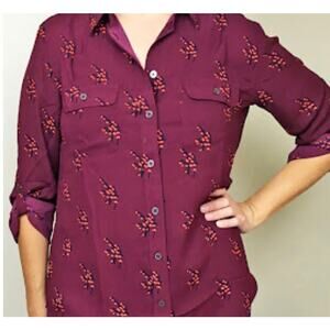 LOFT Blouse Button Front Burgundy Floral Sz Large Roll Tab Sleeves Shirt Office